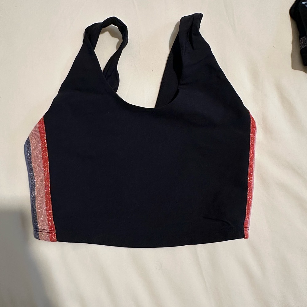 Spiritual Gangster Black Sports Bra with Red and Blue Metalic Stripes